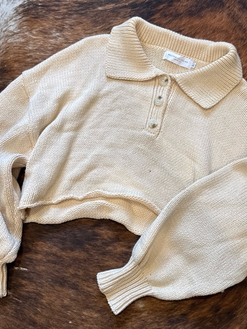 Reformation Cropped Polo-Knit Sweater in Cream